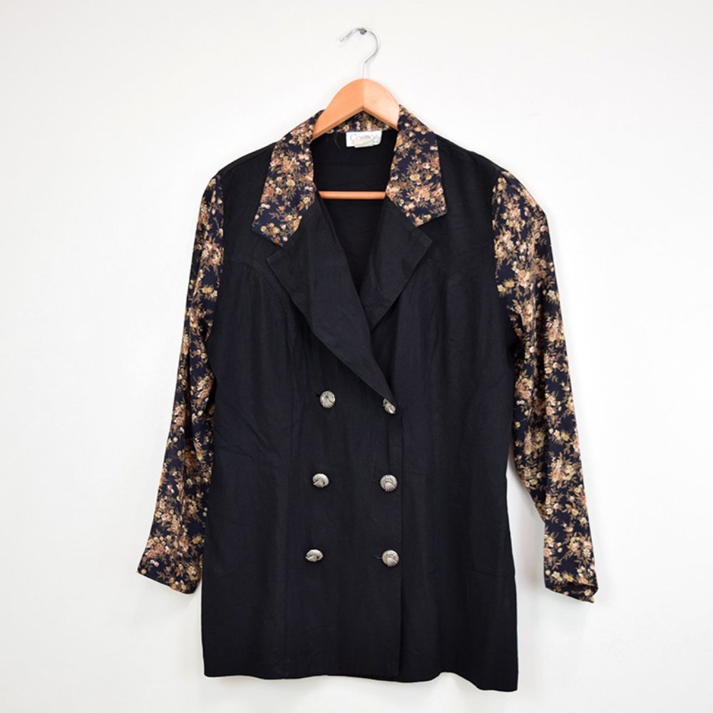 Vintage Black Floral Blouse Size Large